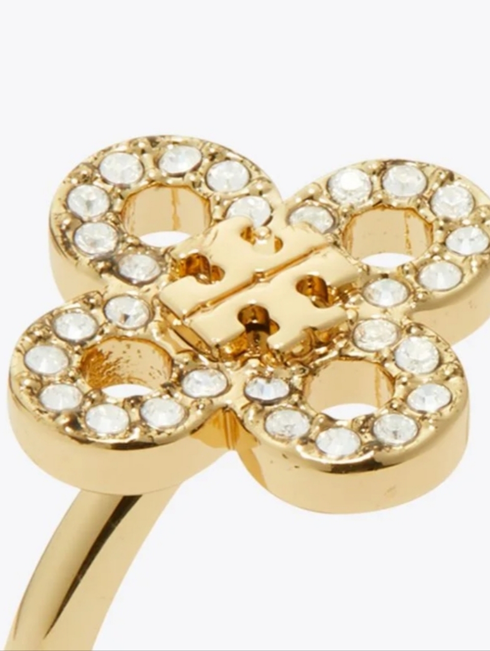 Tory Burch Crystal Logo Ring Gold Tone New